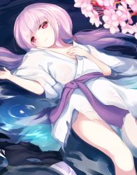 Rule 34 | 1girl, cherry blossoms, duel monster, ghost reaper &amp; winter cherries, hand on own chest, highres, igayan, japanese clothes, kimono, long hair, looking at viewer, lying, on back, partially submerged, pink eyes, pink hair, sash, solo, very long hair, water, wide sleeves, yu-gi-oh!, yukata
