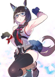 Rule 34 | 1girl, absurdres, alternate costume, animal ears, armpits, black-framed eyewear, black gloves, black skirt, black thighhighs, blue eyes, blush, braid, braided ponytail, brown socks, collared shirt, commentary request, cosplay, crown braid, doushi tatsu to dekkai no, ear ornament, foot out of frame, glasses, gloves, highres, horse ears, horse girl, horse tail, kantai collection, long hair, looking at viewer, necktie, parted lips, pleated skirt, red necktie, red ribbon, ribbon, shigure (kancolle), shigure (kancolle) (cosplay), shigure kai san (kancolle), shigure kai san (kancolle) (cosplay), shirt, simple background, skirt, sleeveless, sleeveless shirt, socks, solo, tail, thighhighs, thighs, umamusume, white footwear, wrist ribbon, zenno rob roy (umamusume)