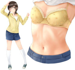 Rule 34 | 10s, 1girl, ;), arm up, blue footwear, blue shorts, blush, bra, breasts, brown hair, buttons, casual, closed mouth, clothes lift, collarbone, denim, denim shorts, drawstring, floral print, foreshortening, frilled bra, frills, fubuki (kancolle), full body, green eyes, head out of frame, head tilt, irohakaede, jacket, kantai collection, kneehighs, lifted by self, long sleeves, looking at viewer, low ponytail, multiple views, navel, one eye closed, salute, shirt, shirt lift, shoes, shorts, small breasts, smile, socks, standing, stomach, tareme, underwear, undressing, upper body, white shirt, white socks, yellow bra, yellow jacket
