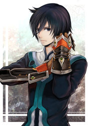 Rule 34 | 1boy, black hair, blue eyes, clenched hand, coat, eiitoguchi uka, gauntlets, highres, jude mathis, male focus, serious, solo, tales of (series), tales of xillia