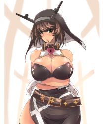 Rule 34 | 10s, 1girl, alternate costume, bad id, bad twitter id, bare shoulders, belt, blush, breast hold, breasts, brown hair, cleavage, collar, collarbone, costume, cross, crossed arms, curvy, gloves, green eyes, halloween costume, headgear, heart lock (kantai collection), highres, huge breasts, kantai collection, looking at viewer, mutsu (kancolle), notauchi mawaru ni-shiki, nun, open mouth, short hair, solo, veil, white gloves, wide hips