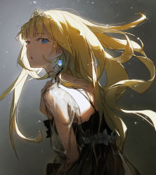 Rule 34 | 1girl, black dress, blonde hair, blue eyes, blush, commentary, dino (dinoartforame), dress, earrings, floating hair, from side, gradient background, highres, hololive, hololive english, jewelry, light particles, long hair, long sleeves, looking at viewer, looking to the side, parted lips, see-through, see-through sleeves, solo, tiara, upper body, very long hair, virtual youtuber, watson amelia, watson amelia (party dress)