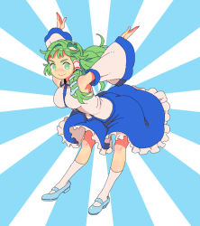 Rule 34 | 1girl, :&gt;, ankle socks, arms behind back, arms up, ass, between breasts, blue background, blue footwear, blue skirt, breasts, clothes lift, collared shirt, commentary request, detached sleeves, frilled skirt, frills, frog hair ornament, full body, furrowed brow, green eyes, green hair, hair ornament, hair tubes, jean (jean sp), kneehighs, kochiya sanae, leaning forward, light blue background, long hair, long skirt, long sleeves, looking at viewer, o/, open hands, outstretched arms, shirt, sidelocks, skirt, skirt lift, sleeveless, sleeveless shirt, smile, smug, snake hair ornament, socks, solo, sunburst, sunburst background, taut clothes, touhou, two-tone background, v-shaped eyebrows, v arms, white background, white shirt, white socks, wide sleeves, wing collar