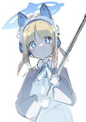 Rule 34 | 1girl, animal ear headphones, animal ears, ao (blue archive), apron, black dress, blonde hair, blue archive, blue eyes, blue halo, blush, closed mouth, dress, fake animal ears, halo, headphones, highres, long sleeves, looking at viewer, maid, maid apron, maid headdress, puffy long sleeves, puffy sleeves, shi0n krbn, short hair, simple background, sketch, solo, upper body, white apron, white background