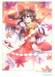 Rule 34 | 1girl, absurdres, an2a, artist name, autumn, autumn leaves, bow, brown eyes, brown hair, copyright name, detached sleeves, hair bow, hair ornament, hair tubes, hakurei reimu, highres, holding, japanese clothes, leaf, long hair, looking at viewer, navel, official art, ofuda, open mouth, ribbon, ribbon-trimmed sleeves, ribbon trim, scan, simple background, skirt, sleeveless, smile, solo, stomach, touhou, wide sleeves