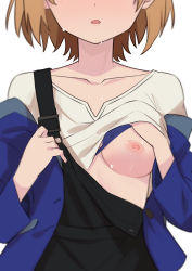Rule 34 | 1girl, blouse, bra, bra lift, breasts, breasts out, head out of frame, highres, miyamori aoi, morisobo, nipples, open mouth, shirobako, shirt, short hair, simple background, small breasts, solo, underwear, white background, white shirt