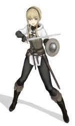 Rule 34 | 1girl, belt, belt pouch, blonde hair, boots, brown gloves, buckler, cross-laced clothes, dawn traveller (km yama), gloves, grey eyes, hair bun, hairband, highres, holding, holding sword, holding weapon, km yama, long bangs, medieval, open mouth, original, pouch, sheath, shield, single hair bun, solo, sword, weapon, white background
