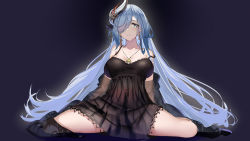 Rule 34 | 1boy, 1girl, aether (genshin impact), black dress, blonde hair, blue eyes, blush, breasts, cleavage, dress, genshin impact, hair ornament, hair over one eye, highres, jewelry, large breasts, long hair, necklace, shenhe (genshin impact), solo, spread legs, srpzk, strap slip