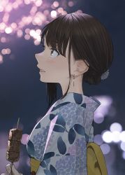 Rule 34 | 1girl, blush, brown eyes, brown hair, commentary request, douki-chan (douki-chan), earrings, fingernails, fireworks, food, ganbare douki-chan, hair ornament, japanese clothes, jewelry, kebab, kimono, lips, looking to the side, night, night sky, obi, parted lips, sash, short hair, sky, solo, yomu (sgt epper), yukata