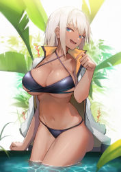 Rule 34 | 1girl, :d, bikini, black bikini, blue eyes, breasts, commentary request, cowboy shot, criss-cross halter, dark-skinned female, dark skin, halterneck, hand up, highres, jacket, jacket on shoulders, large breasts, lodbyy, looking at viewer, navel, open mouth, original, short hair, sidelocks, silver hair, sitting, smile, solo, stomach, swimsuit, thighs, water, white jacket