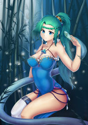 Rule 34 | 1girl, absurdres, bamboo, bamboo forest, bare shoulders, blue dress, blue eyes, braid, breasts, cleavage, closed mouth, collarbone, dress, earrings, forest, gem, green eyes, hair ornament, hair stick, hair tie, hand on own chest, hands up, highres, jewelry, large breasts, leaf, long dress, long hair, medium breasts, muan jiang, nature, night, original, pelvic curtain, pinky out, plant, ponytail, seiza, side slit, single thighhigh, sitting, smile, snake, solo, strapless, strapless dress, tassel, thigh strap, thighhighs, white thighhighs