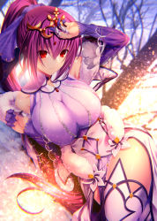 Rule 34 | 1girl, bare shoulders, blush, boots, breasts, closed mouth, detached sleeves, dress, emanon123, fate/grand order, fate (series), finger cots, finger gloves, forehead jewel, fur trim, hair between eyes, hand up, highres, large breasts, light particles, long hair, looking at viewer, lying, on side, outdoors, ponytail, purple dress, purple footwear, purple hair, red eyes, scathach (fate), scathach skadi (fate), scathach skadi (third ascension) (fate), sidelocks, smile, solo, taut clothes, taut dress, thigh boots, thighhighs, thighs, tiara, very long hair