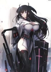 Rule 34 | 1girl, artist name, belt pouch, black gloves, black hair, black thighhighs, breasts, capelet, cleavage, commentary request, commission, dress, fingerless gloves, gloves, gun, highres, holding, holding gun, holding shield, holding weapon, huge filesize, large breasts, light smile, long hair, looking at viewer, mecha musume, nekoya (liu), original, pouch, purple eyes, shield, sidelocks, solo, standing, thighhighs, thighs, two side up, weapon, white capelet, white dress
