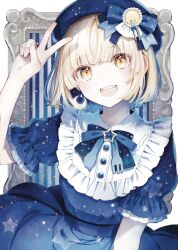 Rule 34 | 1girl, :d, blonde hair, blue bow, blue dress, blue hat, blue ribbon, bow, dress, earrings, frills, hat, highres, hitoba, jewelry, looking at viewer, open mouth, original, puffy short sleeves, puffy sleeves, ribbon, short hair, short sleeves, smile, solo, star (symbol), v, yellow eyes