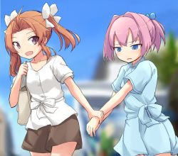 Rule 34 | 2girls, ahoge, arm grab, blouse, blue dress, blue eyes, blue sky, blurry, blurry background, blush, brown eyes, brown hair, brown shorts, carrying, casual, clear sky, commentary, day, depth of field, dress, hair intakes, hair ornament, hair ribbon, half-closed eyes, hand on own hip, kagerou (kancolle), kakizaki (chou neji), kantai collection, leaning forward, light frown, looking at viewer, medium hair, multiple girls, open mouth, outdoors, parted bangs, purple hair, ribbon, shiranui (kancolle), shirt, short dress, short shorts, short sleeves, shorts, sky, smile, standing, torii, twintails, white ribbon, white shirt, yuri