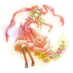 Rule 34 | 1girl, adapted costume, arm ribbon, boots, bow, cross-laced footwear, dress, echoes (artist), echoes (cassandratree), embellished costume, female focus, flower, frills, front ponytail, green eyes, green hair, hair bow, hair flower, hair ornament, hair ribbon, highres, holding, kagiyama hina, lace-up boots, long hair, matching hair/eyes, open mouth, red dress, ribbon, rose, short sleeves, skirt hold, solo, touhou