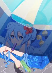Rule 34 | 1girl, blue eyes, blue hair, bracelet, flower, hair flower, hair ornament, hatsune miku, itou (mogura), jewelry, matching hair/eyes, mouth hold, popsicle, solo, vocaloid, wading pool, water gun, wet