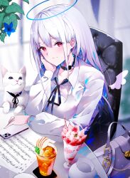Rule 34 | 1girl, absurdres, bag, black ribbon, blue flower, blue hair, blue halo, blurry, blurry background, breasts, cat, cellphone, chair, closed mouth, collared shirt, colored inner hair, desk, drink, flower, food, fruit, grey bag, halo, hand on own cheek, hand on own face, highres, indoors, large breasts, leaf, light blush, light smile, long hair, long sleeves, looking at viewer, multicolored hair, neck ribbon, office chair, original, paper, parfait, phone, red eyes, ribbon, sheet music, shirt, sidelocks, sitting, smartphone, solo, strawberry, swivel chair, teapot, two-tone hair, upper body, w (w64851564), whipped cream, white cat, white hair, white shirt
