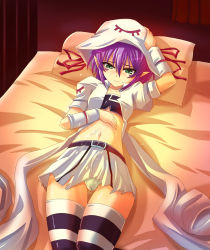 Rule 34 | 1girl, bed, blush, cum, cum on body, cum on upper body, facial mark, green eyes, hat, haura akitoshi, lying, merry nightmare, midriff, navel, on back, panties, pillow, pointy ears, purple hair, ribbon, skirt, solo, striped clothes, striped thighhighs, thighhighs, torn clothes, underwear, yumekui merry