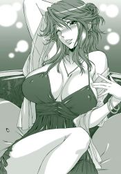 Rule 34 | 1girl, arm up, blush, breasts, breasts apart, cleavage, green theme, hanzaki jirou, jewelry, large breasts, lips, long hair, mole, monochrome, necklace, one eye closed, solo