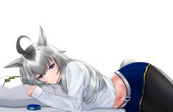 Rule 34 | 1girl, absurdres, ahoge, animal ears, black pantyhose, blue skirt, closed mouth, commentary request, cowboy shot, ear ornament, grey eyes, grey hair, highres, horse ears, horse girl, horse tail, long hair, looking at viewer, lying, midriff, navel, oguri cap (umamusume), on side, oryou gunsou, pantyhose, pillow, pleated skirt, shirt, simple background, skirt, solo, tail, umamusume, white background, white shirt