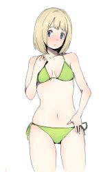 Rule 34 | 1girl, bikini, blonde hair, blue eyes, blunt bangs, breasts, character request, cleavage, copyright request, navel, pepo (pepopepo), short hair, side-tie bikini bottom, simple background, small breasts, solo, swimsuit