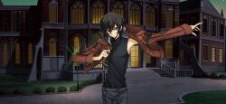 Rule 34 | 1boy, arm up, armpits, artist request, black hair, black shirt, brown jacket, building, bush, buttons, closed mouth, code geass, code geass: lost stories, covered collarbone, cowboy shot, dressing, game cg, grey pants, hair between eyes, hand up, happy, highres, jacket, lamppost, lelouch vi britannia, long sleeves, looking at viewer, male focus, non-web source, official art, open clothes, open jacket, outdoors, outstretched arm, pants, purple eyes, putting on jacket, railing, shirt, shirt tucked in, short hair, sidelocks, sleeveless, sleeveless shirt, smile, solo, standing, sunset, turtleneck, turtleneck shirt, v-shaped eyebrows, window