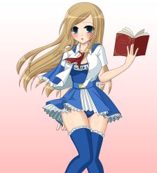 Rule 34 | 1girl, ascot, blue eyes, blue thighhighs, blush, book, breasts, brown hair, capelet, castlevania (series), castlevania: portrait of ruin, charlotte aulin, frills, long hair, one-piece swimsuit, open clothes, open mouth, open shirt, pinbani, school swimsuit, shirt, skirt, solo, swimsuit, swimsuit under clothes, thighhighs