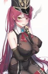 Rule 34 | 1girl, absurdres, ascot, bare shoulders, black leotard, black pantyhose, blush, breasts, brooch, brown gloves, cleavage, elbow gloves, gloves, hat, heterochromia, highres, holding, hololive, houshou marine, houshou marine (marching band), jewelry, large breasts, leotard, long hair, looking at viewer, multicolored hair, official alternate costume, official alternate hairstyle, pantyhose, parted lips, raised eyebrows, red eyes, red hair, see-through, see-through cleavage, shako cap, simple background, sitting, solo, streaked hair, tousaki (tousakiworks), very long hair, virtual youtuber, white background, white hair, wing collar, yellow eyes