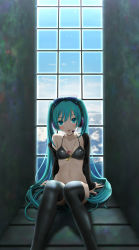Rule 34 | 1girl, aqua eyes, aqua hair, bad id, bad pixiv id, bikini, blazer, bow, green eyes, green hair, hair bow, hatsune miku, headphones, headset, highres, jacket, jewelry, long hair, looking at viewer, matching hair/eyes, musical note, navel, necklace, off shoulder, sitting, smile, solo, swimsuit, thighhighs, twintails, underwear, underwear only, very long hair, vocaloid, window, yu (lovepayon)