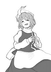 Rule 34 | 1girl, absurdres, blush, fingers together, fujimi nao, greyscale, hat, highres, letty whiterock, long sleeves, looking at viewer, monochrome, open mouth, short hair, simple background, smile, solo, touhou, white background, white hat