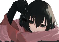 Rule 34 | 1girl, alternate color, black eyes, black gloves, black hair, bob cut, cherry, elbow gloves, food, fruit, gloves, hair between eyes, head on arm, head rest, holding, holding food, looking at object, monogatari (series), oshino ougi, oversized clothes, pink shirt, portrait, shirt, short hair, simple background, sleeves past fingers, sleeves past wrists, smile, solo, white background, yamada maya (yamdmay)