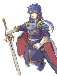 Rule 34 | 1boy, blue eyes, blue hair, cape, fire emblem, fire emblem: genealogy of the holy war, fire emblem: thracia 776, garmmy, gloves, headband, holding, holding sword, holding weapon, long hair, male focus, nintendo, painting (medium), ponytail, seliph (fire emblem), simple background, smile, solo, sword, traditional media, tyrfing (fire emblem), watercolor (medium), weapon, white background