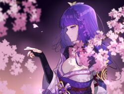 Rule 34 | 1girl, armor, blunt bangs, braid, breasts, bridal gauntlets, cherry blossoms, cleavage, dappled sunlight, falling petals, flower, from side, genshin impact, gradient background, hair ornament, half-closed eyes, hand up, japanese clothes, kimono, light smile, long hair, looking at object, low-braided long hair, low-tied long hair, medium breasts, mitsudomoe (shape), mo (mo80 rr), neck ribbon, obi, obiage, obijime, off shoulder, petals, purple eyes, purple flower, purple hair, purple kimono, raiden shogun, red ribbon, ribbon, sash, shade, shoulder armor, shrug (clothing), solo, sunlight, tomoe (symbol), upper body, wide sleeves