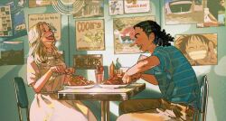 Rule 34 | 1boy, 1girl, alternate costume, black hair, blonde hair, blush, closed eyes, curly hair, eating, food, from side, kaya (one piece), laughing, long nose, looking at another, medium hair, monkey d. luffy, one piece, open mouth, restaurant, sitting, smile, teeth, tio7tio8, usopp