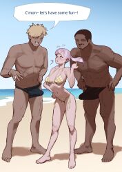 Rule 34 | 1girl, 2boys, absurdres, beach, bikini, black clover, blush, breasts, bulge, dark-skinned male, dark skin, english text, erection, erection under clothes, grey hair, highres, imminent penetration, large breasts, multiple boys, noelle silva, purple eyes, size difference, speech bubble, swimsuit, text focus, twintails, wjs07