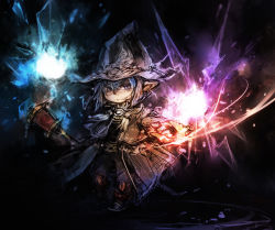 Rule 34 | 00s, androgynous, dark background, final fantasy, final fantasy xi, fujiwara akina, gender request, hat, pointy ears, short hair, solo, staff, tarutaru, wand, witch hat