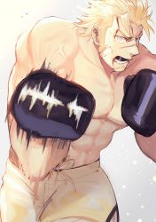 Rule 34 | 1boy, abs, bara, bare pectorals, blonde hair, blood, blood from mouth, blood on face, boxing, boxing gloves, boxing shorts, cowboy shot, facial hair, goatee, highres, incoming attack, injury, jacob (housamo), kihane atsusane, large pectorals, long sideburns, looking at viewer, male focus, manly, motion blur, motion lines, muscular, muscular male, pectorals, short hair, shorts, sideburns, solo, stomach, tokyo houkago summoners, veins