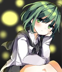 Rule 34 | 1girl, antennae, bad id, bad twitter id, blush, buttons, capelet, closed mouth, collared shirt, green eyes, green hair, hand on own cheek, hand on own face, hand up, highres, karasusou nano, long hair, long sleeves, looking at viewer, shirt, short hair, sitting, solo, touhou, white shirt, wriggle nightbug