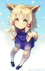 Rule 34 | 1girl, ahoge, animal ears, bare arms, black footwear, blonde hair, blue background, clenched hands, closed mouth, dated, dog ears, dog tail, fang, fang out, full body, hair ribbon, kemonomimi mode, kneehighs, loafers, miniskirt, moriya suwako, paw pose, pigeon-toed, purple skirt, red ribbon, ribbon, shoes, skirt, sleeveless, socks, solo, standing, star (symbol), sweatdrop, tail, touhou, tress ribbon, twitter username, vest, white socks, yellow eyes, yubayuki