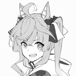 Rule 34 | 1girl, @ @, ahoge, animal ears, bow, bright pupils, chromatic aberration, crossed bangs, from side, greyscale, hair bow, highres, hood, hoodie, horse ears, horse girl, long hair, looking to the side, monochrome, multicolored hair, open mouth, plasbott, portrait, sharp teeth, sidelocks, simple background, solo, striped bow, teeth, twin turbo (umamusume), twintails, two-tone hair, umamusume, upper teeth only, v-shaped eyebrows, white background