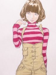 Rule 34 | 1girl, blue eyes, blunt bangs, bob cut, breasts, brown hair, buttons, hand up, highres, kubonouchi eisaku, lips, looking to the side, marker (medium), original, overalls, pocket, shirt, short hair, small breasts, solo, striped clothes, striped shirt, traditional media, turtleneck