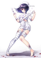 Rule 34 | 1girl, artist name, bandage over one eye, bandaged arm, bandaged head, bandaged leg, bandages, bandaid, black hair, blood, colored inner hair, commentary, commentary request, full body, hair over one eye, hands up, hat, highres, holding, holding bandages, holding syringe, jacket, knees together feet apart, koyoka, looking at viewer, multicolored hair, naked bandage, nurse, nurse cap, original, purple hair, red eyes, short hair, short sleeves, solo, symbol-only commentary, syringe, tile floor, tiles, torn clothes, torn jacket, uniform, white jacket