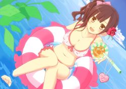 Rule 34 | 10s, 1girl, :d, afloat, barefoot, bikini, blush, bow, breasts, brown eyes, brown hair, cleavage, cloud, day, drink, drinking straw, dutch angle, flower, glass, hair bow, hair flower, hair ornament, idolmaster, idolmaster cinderella girls, igarashi kyoko, innertube, large breasts, long hair, looking at viewer, navel, ocean, open mouth, outstretched arm, partially submerged, side ponytail, sitting, sky, smile, solo, swim ring, swimsuit, tachibana (pixiv), tachibana (tach011194), toes, wading, water, white bikini