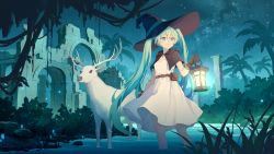 Rule 34 | 1girl, animal, aqua hair, belt, black capelet, blue eyes, breasts, brown belt, buckle, capelet, deer, dress, fanny pack, fireflies, grass, hatsune miku, highres, holding, holding lantern, jewelry, lantern, long hair, looking ahead, mimengfeixue, night, outdoors, palm tree, parted lips, partially submerged, pendant, pillar, rock, ruins, sky, small breasts, solo, standing, star (sky), starry sky, tree, twintails, vocaloid, water, white dress