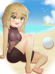 Rule 34 | 1girl, absurdres, ainuru, bare shoulders, barefoot, beach, blonde hair, breasts, child, feet, flower, future knight, green eyes, guardian tales, hair flower, hair ornament, highres, light brown hair, long hair, on ground, open mouth, outdoors, sand, sitting, sky, sleeveless, small breasts, soles, toes, water