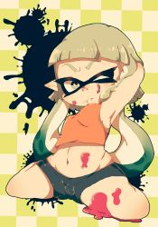 Rule 34 | 1girl, arm behind head, armpits, bad id, bad pixiv id, bike shorts, checkered background, crop top, fang, green background, green hair, highres, inkling, inkling girl, inkling player character, kneeling, nintendo, one eye closed, paint splatter, pants, pointy ears, short hair with long locks, simple background, solo, splatoon (series), splatoon 1, tentacle hair, tight clothes, tight pants
