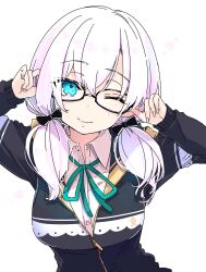 1girl ars_almal ars_almal_(4th_costume) azuma_sawayoshi black-framed_eyewear blue_eyes blue_jacket bow breasts collared_shirt glasses hair_bow highres jacket long_hair looking_at_viewer low_twintails medium_breasts neck_ribbon nijisanji partially_unzipped red_bow ribbon shirt smile solo twintails virtual_youtuber white_hair