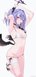 Rule 34 | 1girl, aiko (kanl), armpits, arms up, bad link, bandages, bikini, black bow, black choker, black footwear, black wings, bow, bow hairband, bra, breasts, chain, check commentary, check translation, chinese commentary, choker, commentary, commentary request, cowboy shot, cross-laced sandals, eyebrows hidden by hair, frilled bra, frilled panties, frills, hair intakes, hair ornament, hairband, hairclip, halo, hands in hair, highres, looking at viewer, loose panties, medium hair, mouth hold, navel, one eye closed, original, panties, ponytail, purple hair, red eyes, ribbon, ribbon in mouth, sidelocks, small breasts, solo, standing, standing on one leg, string bikini, string panties, swimsuit, translation request, underwear, watermark, weibo watermark, white background, white bra, wings