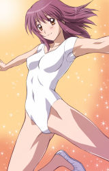 Rule 34 | 00s, 1girl, blush, brown eyes, kaleido star, kuroda akimi, leotard, looking at viewer, naegino sora, outstretched arms, purple hair, short hair, slippers, smile, solo, sparkle, spread arms